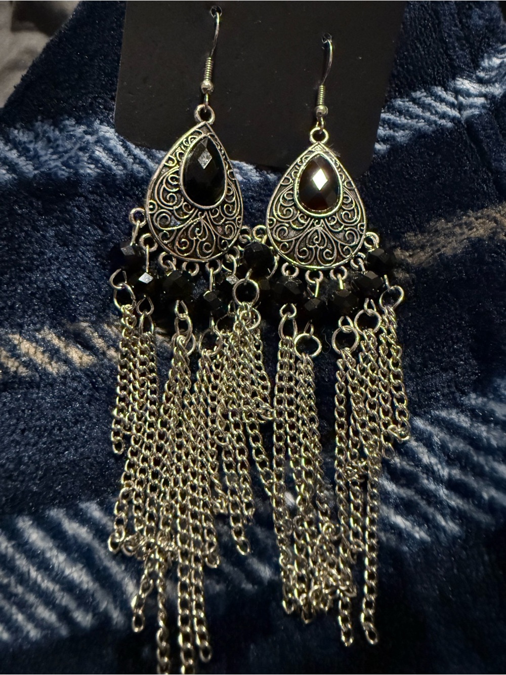 paparazzi Silver-Tone Black Teardrop Tassel Chandelier Earrings